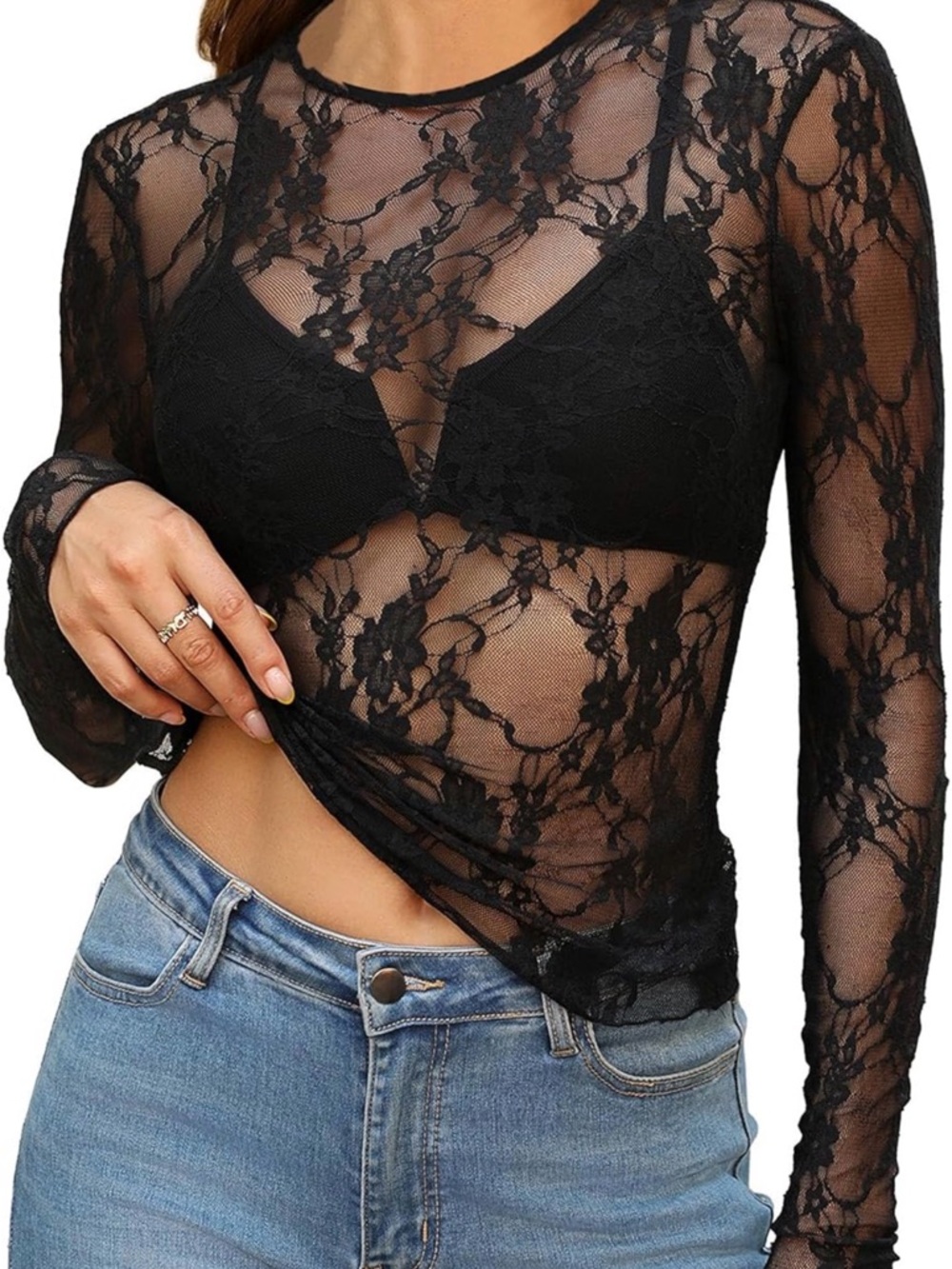 Sheer Black Floral Lace Long Sleeve Top